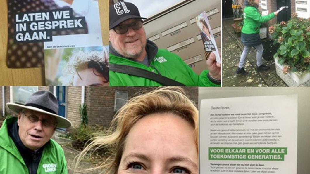 afbeelding van de uitnodiging laten we in gesprek gaan en foto's van de GroenLinksers die de folder verspreiden