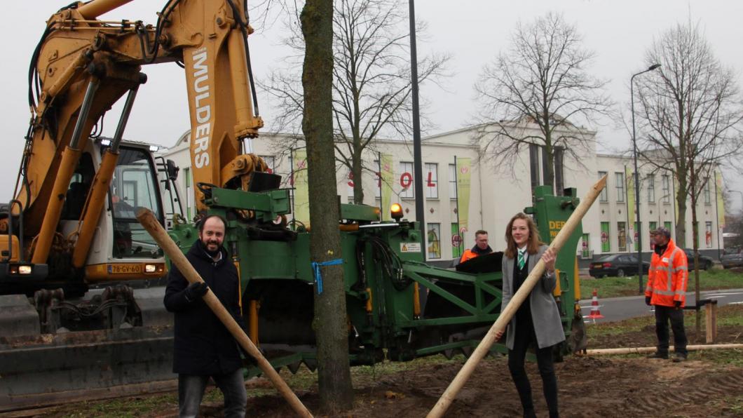 wethouder Ufuk Kâhya en een buurtbewoner herplanten een boom aan de Orthenseweg