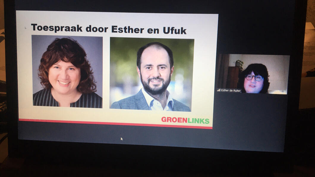 screenshot digitale nieuwjaarsbijeenkomst GroenLinks Den Bosch toespraken esther de Ruiter en Ufuk Kâhya