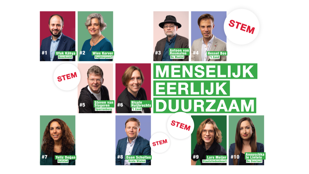 afbeelding met foto's van de top 10 kandidaten en de tekst 'menselijk, eerlijk, duurzaam' en 'stem'