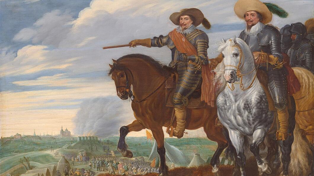 schilderij van Frederik Hendrik en graaf Ernst Casimir te paar bij het beleg van Den Bosch 1629, stad op achtergrond